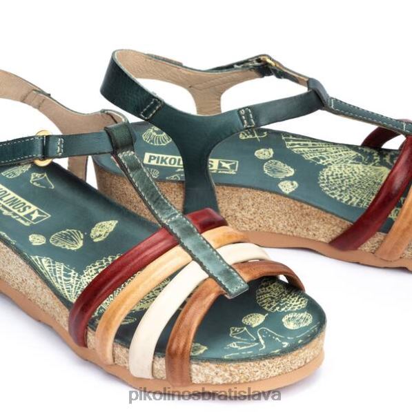obuv smaragd Pikolinos 640B4754 mahon klinové sandále s farebnými remienkami a remienkom na členky ženy