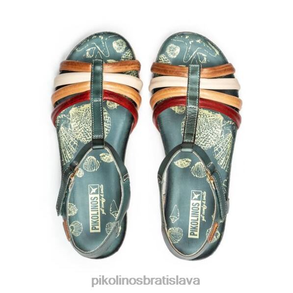 obuv smaragd Pikolinos 640B4754 mahon klinové sandále s farebnými remienkami a remienkom na členky ženy